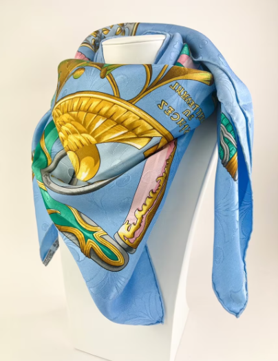 Hermes Vintage Silk Scarf “Princes Du Soleil Levant” Blue Made in France