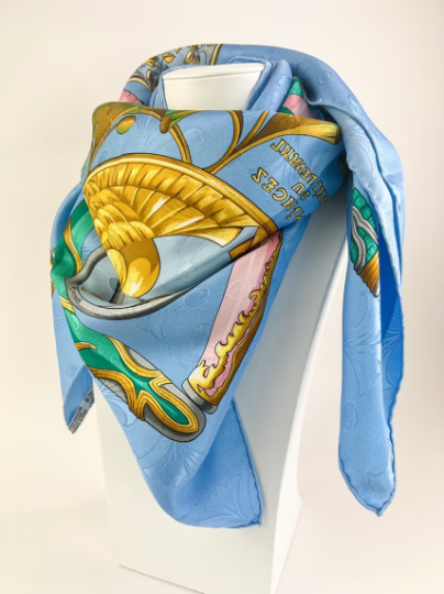 Hermes Vintage Silk Scarf “Princes Du Soleil Levant” Blue Made in France