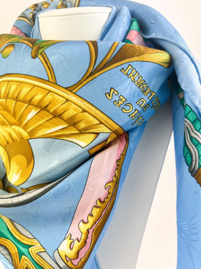 Hermes Vintage Silk Scarf “Princes Du Soleil Levant” Blue Made in France