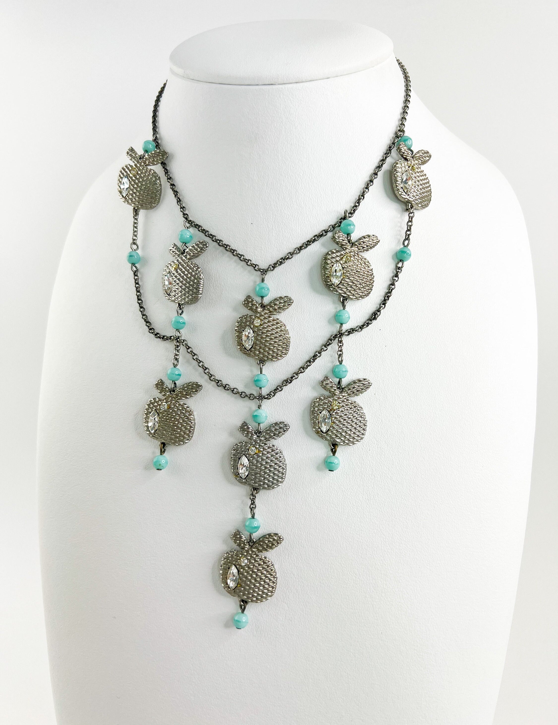 Vintage NINA RICCI Necklace, Silver Tone Necklace, apple Charm, Choker Necklace, Vintage Rhinestones, Vintage Jewelry, Personalized Gifts