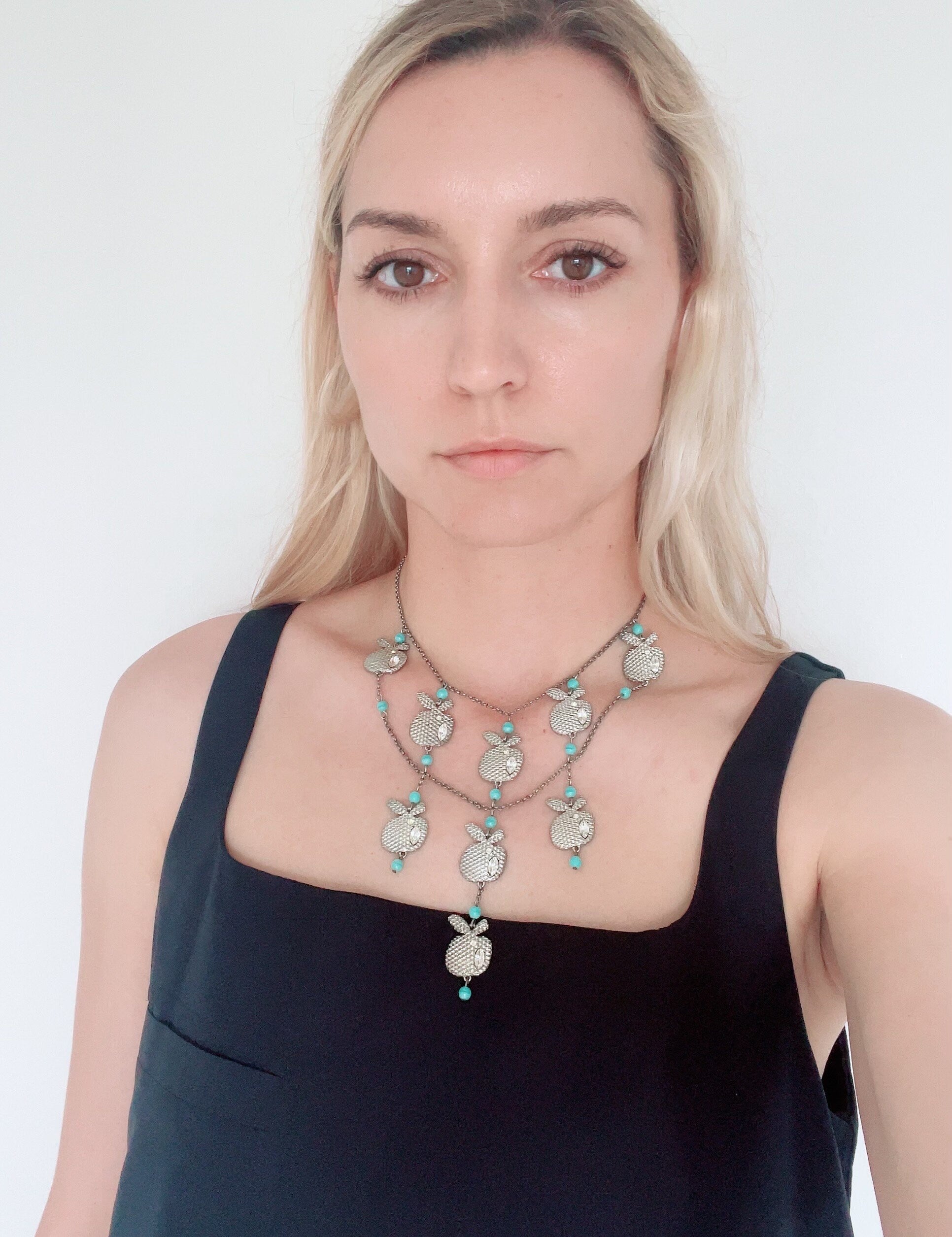 Vintage NINA RICCI Necklace, Silver Tone Necklace, apple Charm, Choker Necklace, Vintage Rhinestones, Vintage Jewelry, Personalized Gifts