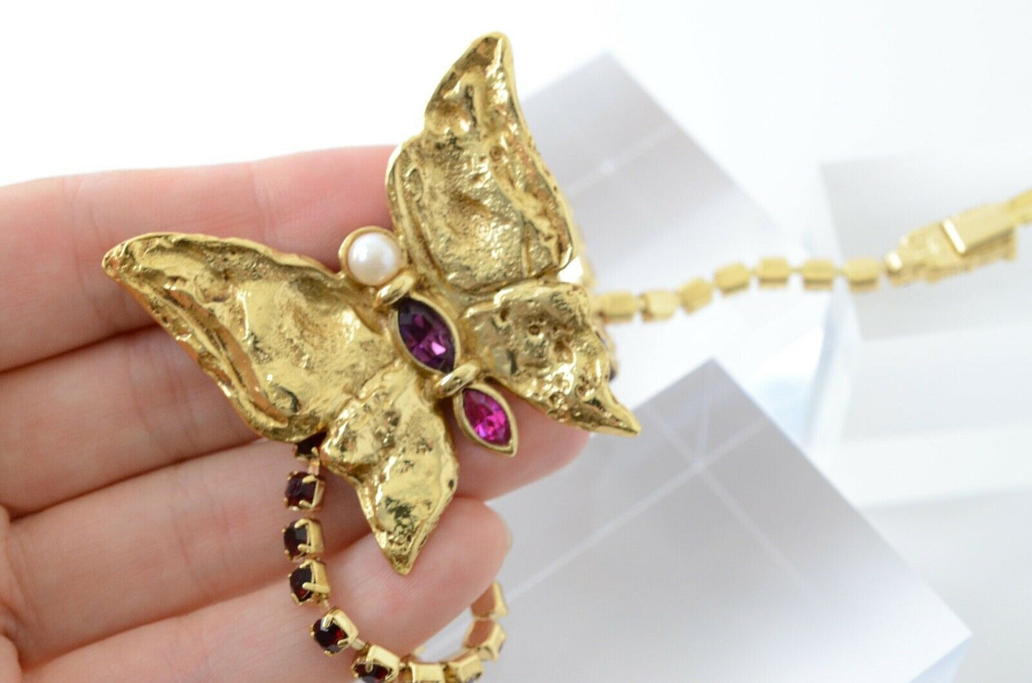 YSL Yves Saint Laurent Butterfly Vintage Pendant Choker Necklace Ruby Purple Rhinestone Made in France