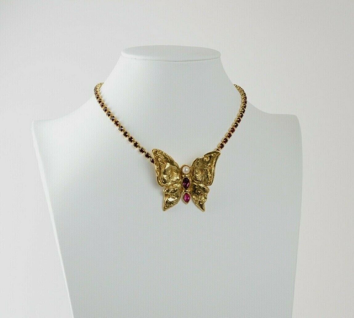 YSL Yves Saint Laurent Butterfly Vintage Pendant Choker Necklace Ruby Purple Rhinestone Made in France