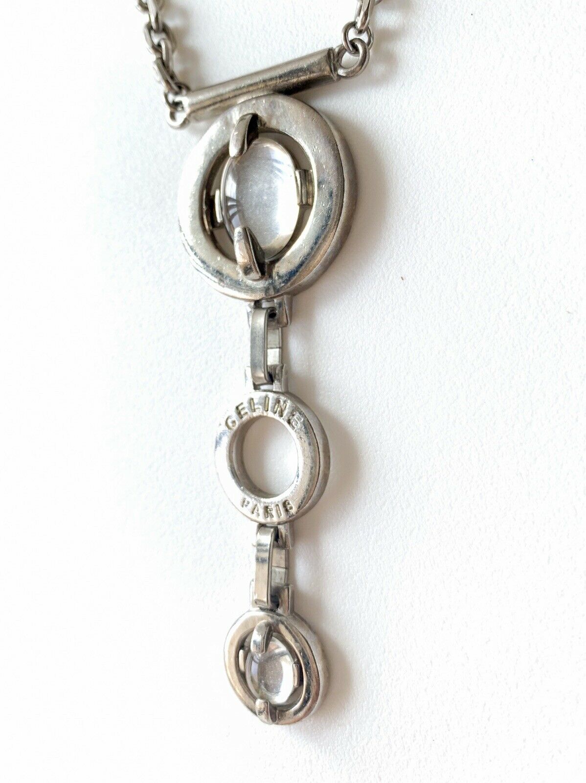 CELINE PARIS Silver Tone Chain Necklace Vintage Cabochon Glass