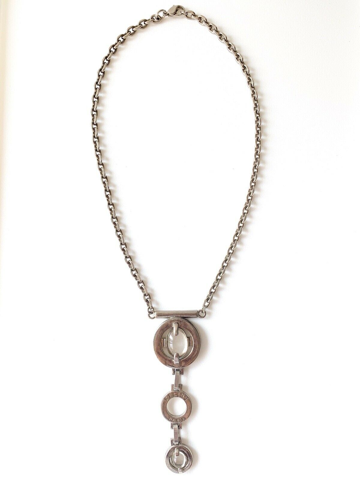 CELINE PARIS Silver Tone Chain Necklace Vintage Cabochon Glass