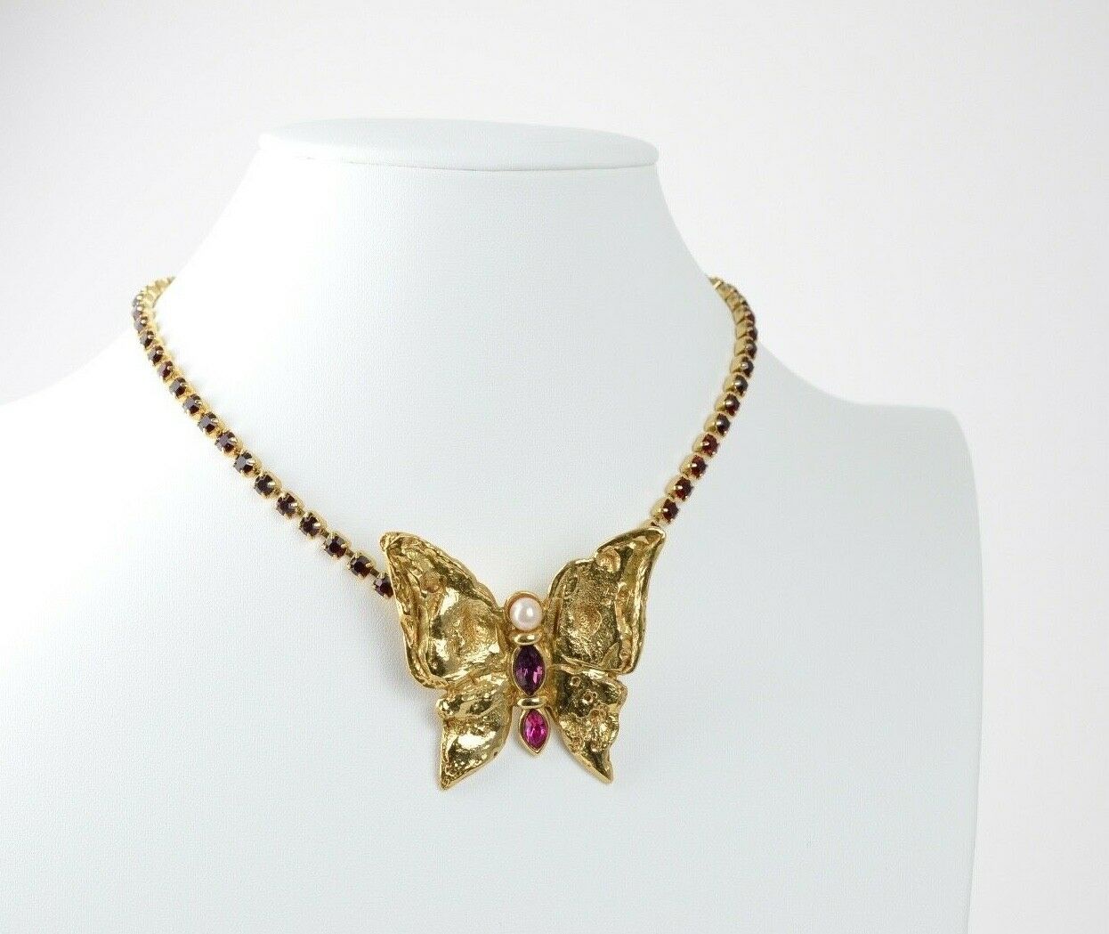 YSL Yves Saint Laurent Butterfly Vintage Pendant Choker Necklace Ruby Purple Rhinestone Made in France