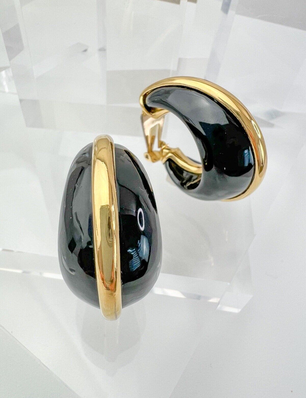 YSL Yves Saint Laurent Vintage Earrings Black Gold Hoop