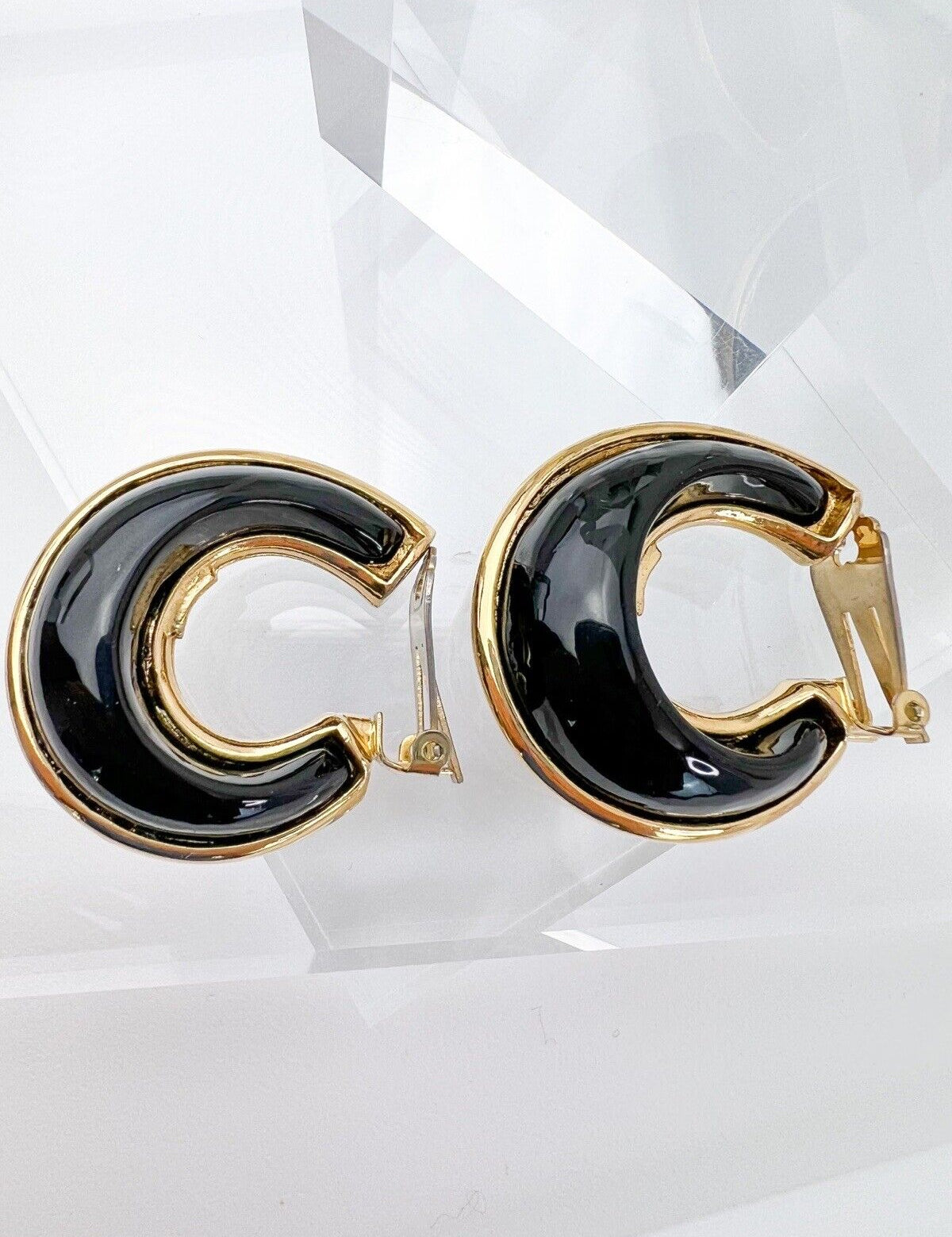 YSL Yves Saint Laurent Vintage Earrings Black Gold Hoop
