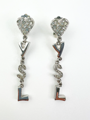 Vintage YSL Yves Saint Laurent earrings, Earrings Dangle, Earrings Silver, Heart Logo Drop Dangling Earrings, Vintage Rhinestone