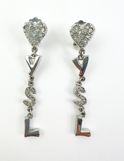 Vintage YSL Yves Saint Laurent earrings, Earrings Dangle, Earrings Silver, Heart Logo Drop Dangling Earrings, Vintage Rhinestone