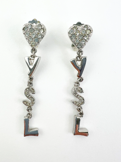 Vintage YSL Yves Saint Laurent earrings, Earrings Dangle, Earrings Silver, Heart Logo Drop Dangling Earrings, Vintage Rhinestone