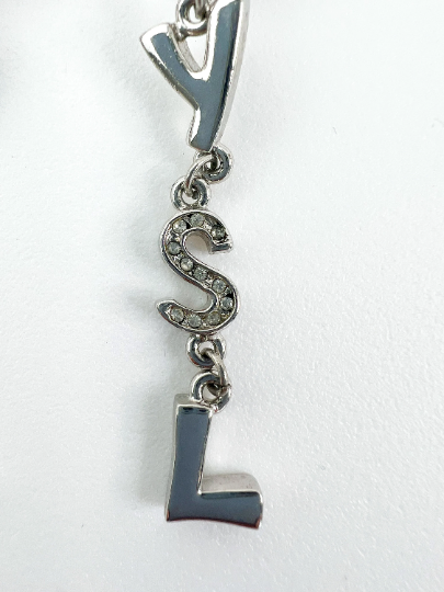 Vintage YSL Yves Saint Laurent earrings, Earrings Dangle, Earrings Silver, Heart Logo Drop Dangling Earrings, Vintage Rhinestone