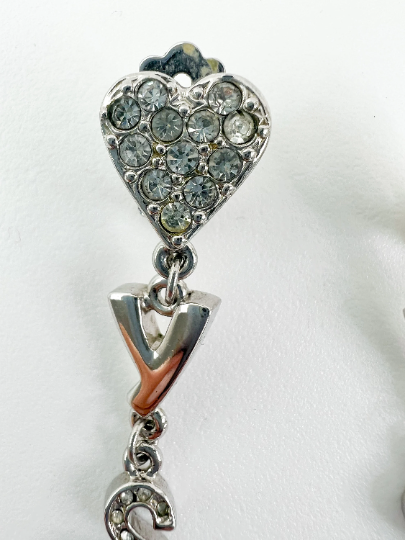 Vintage YSL Yves Saint Laurent earrings, Earrings Dangle, Earrings Silver, Heart Logo Drop Dangling Earrings, Vintage Rhinestone