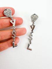 Vintage YSL Yves Saint Laurent earrings, Earrings Dangle, Earrings Silver, Heart Logo Drop Dangling Earrings, Vintage Rhinestone