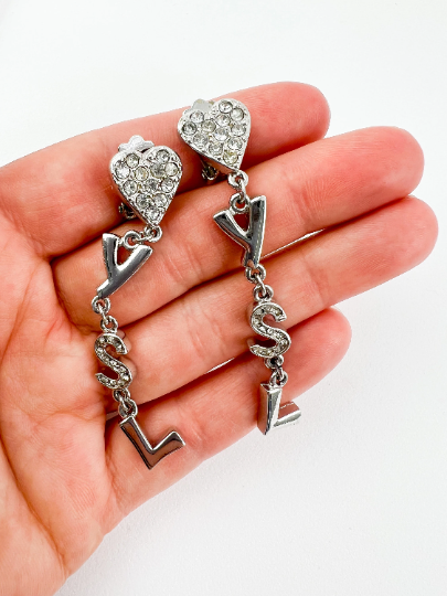 Vintage YSL Yves Saint Laurent earrings, Earrings Dangle, Earrings Silver, Heart Logo Drop Dangling Earrings, Vintage Rhinestone