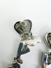YSL Yves Saint Laurent Silver Tone Heart Logo Drop Dangling Earrings Vintage Clear Rhinestone