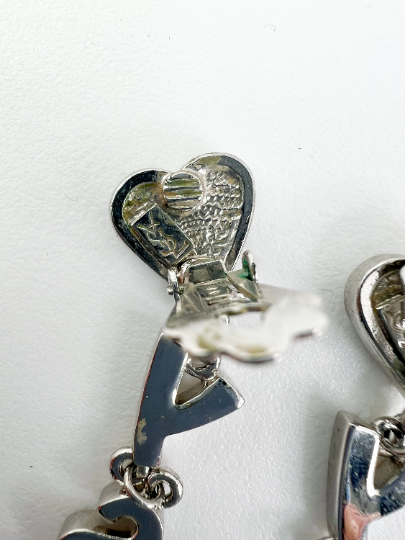 YSL Yves Saint Laurent Silver Tone Heart Logo Drop Dangling Earrings Vintage Clear Rhinestone