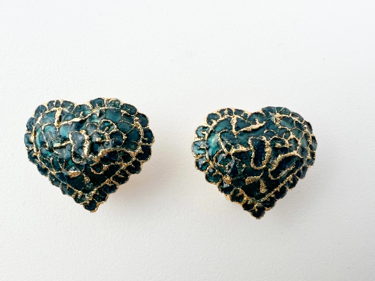 Vintage YSL Yves Saint Laurent Earrings, Vintage Earrings, Earrings Gold, Green Heart Earrings, Clip-on Earrings, Jewelry Earrings