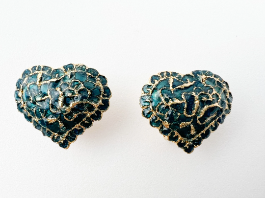 Vintage YSL Yves Saint Laurent Earrings, Vintage Earrings, Earrings Gold, Green Heart Earrings, Clip-on Earrings, Jewelry Earrings