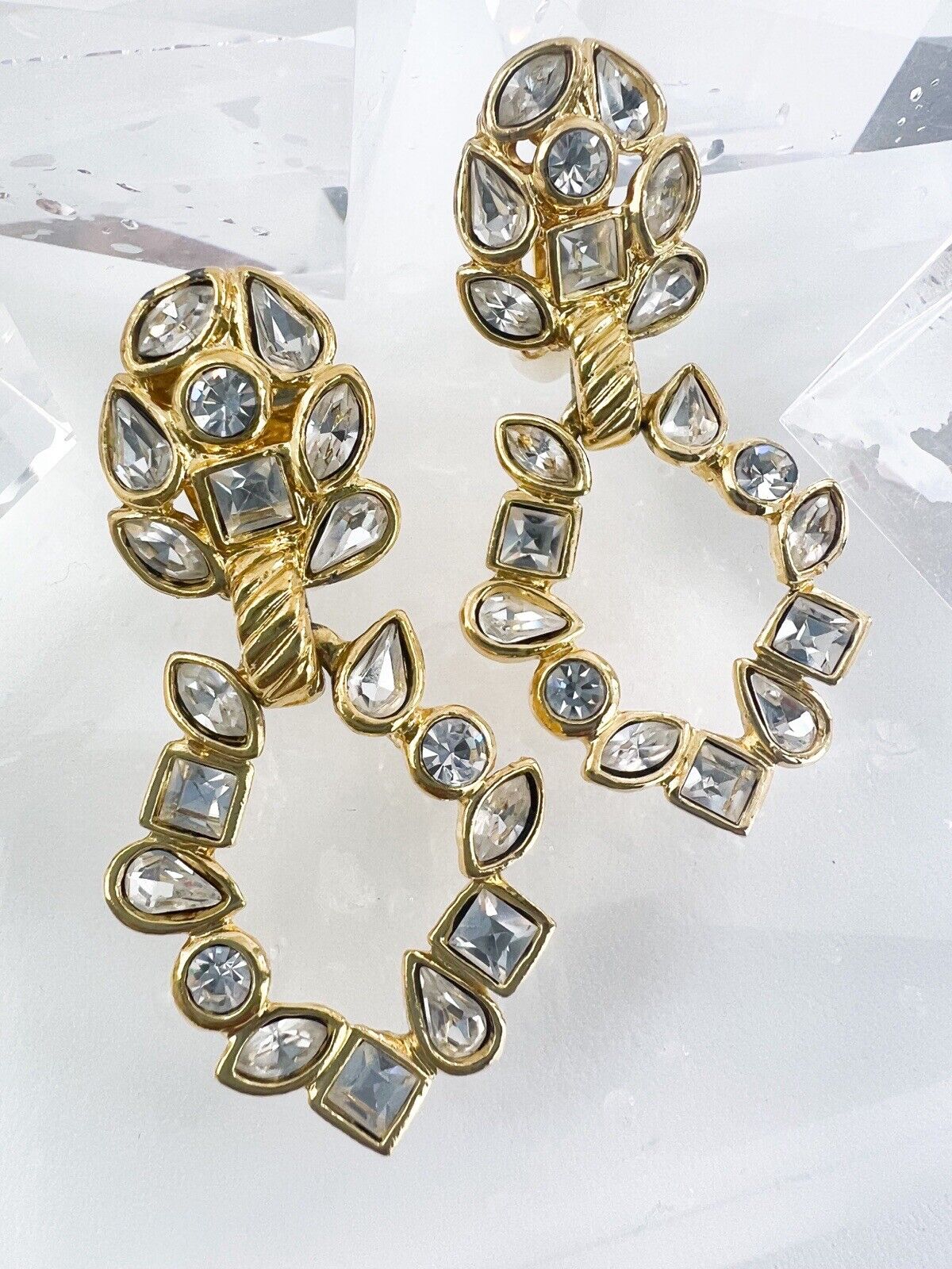【SOLD OUT】YSL Large Yves Saint Laurent Vintage Multifaceted Crystals Dangle Hoop  Earrings