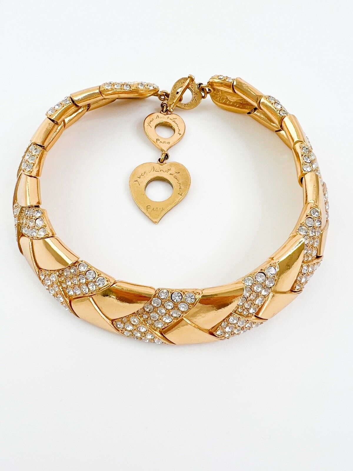 YSL Yves Saint Laurent rive gauche Made in France Vintage Necklace Choker Gold Rhinestones