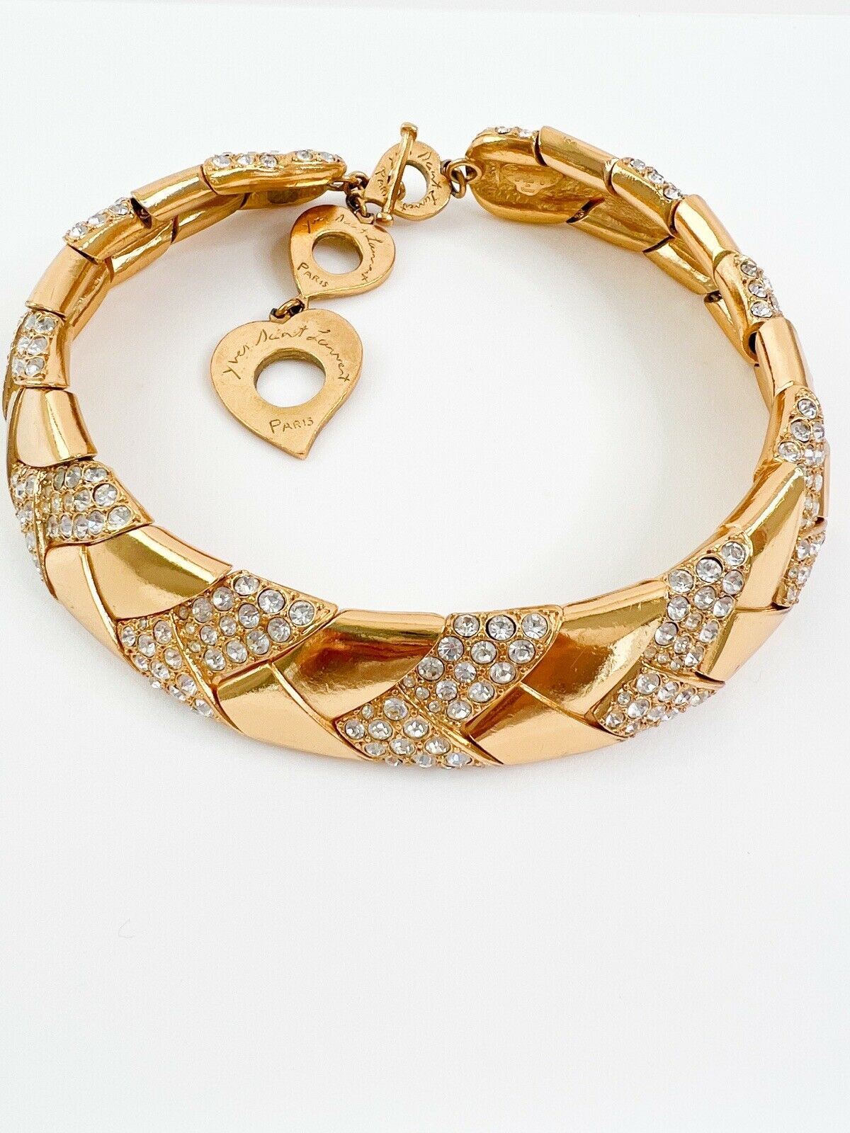 YSL Yves Saint Laurent rive gauche Made in France Vintage Necklace Choker Gold Rhinestones