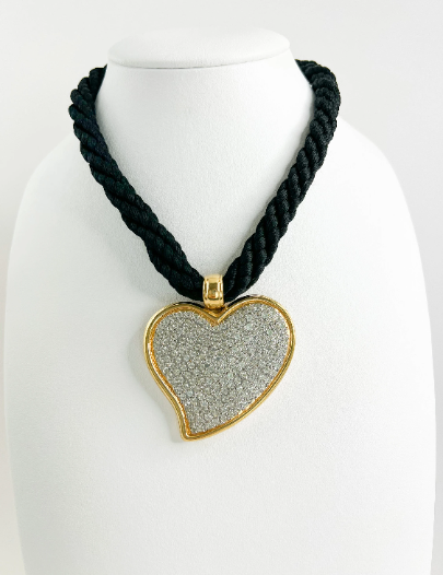 Vintage YSL Yves Saint Laurent Necklace, Heart Pendant Necklace, Black Cord choker, Vintage Jewelry gold, Necklace Large, Jewelry necklace