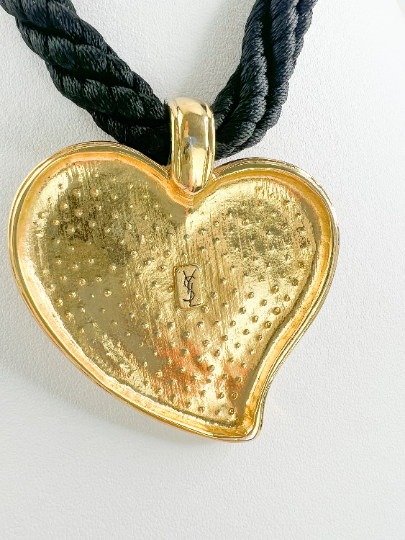 Vintage YSL Yves Saint Laurent Necklace, Heart Pendant Necklace, Black Cord choker, Vintage Jewelry gold, Necklace Large, Jewelry necklace