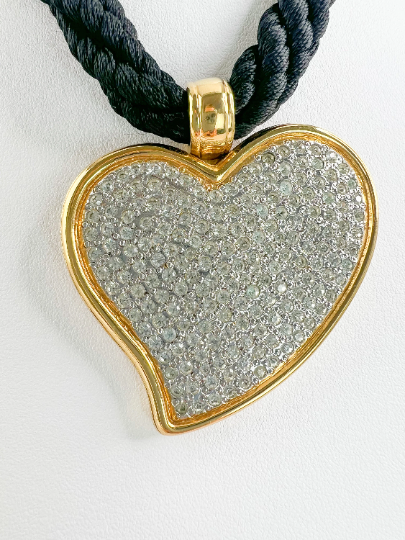 Vintage YSL Yves Saint Laurent Necklace, Heart Pendant Necklace, Black Cord choker, Vintage Jewelry gold, Necklace Large, Jewelry necklace