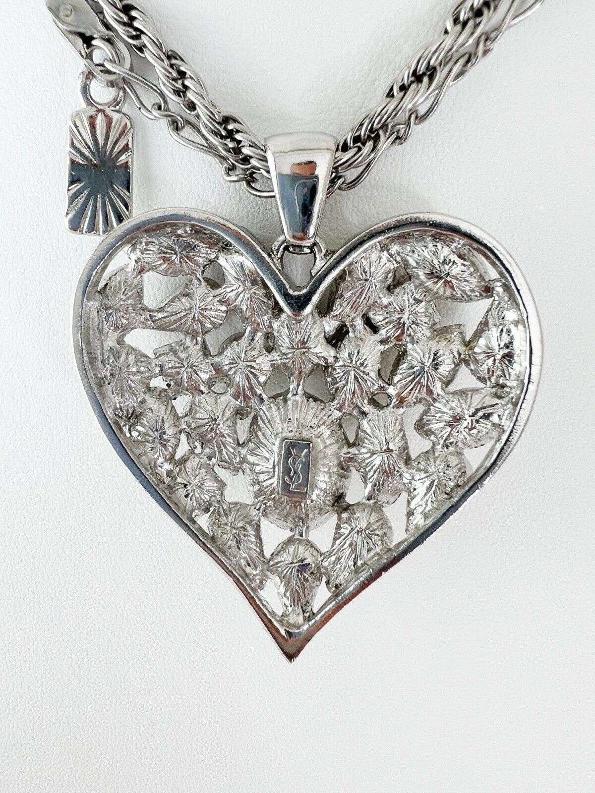 YSL Yves Saint Laurent Vintage Necklace Pendant Silver Heart Rhinestone