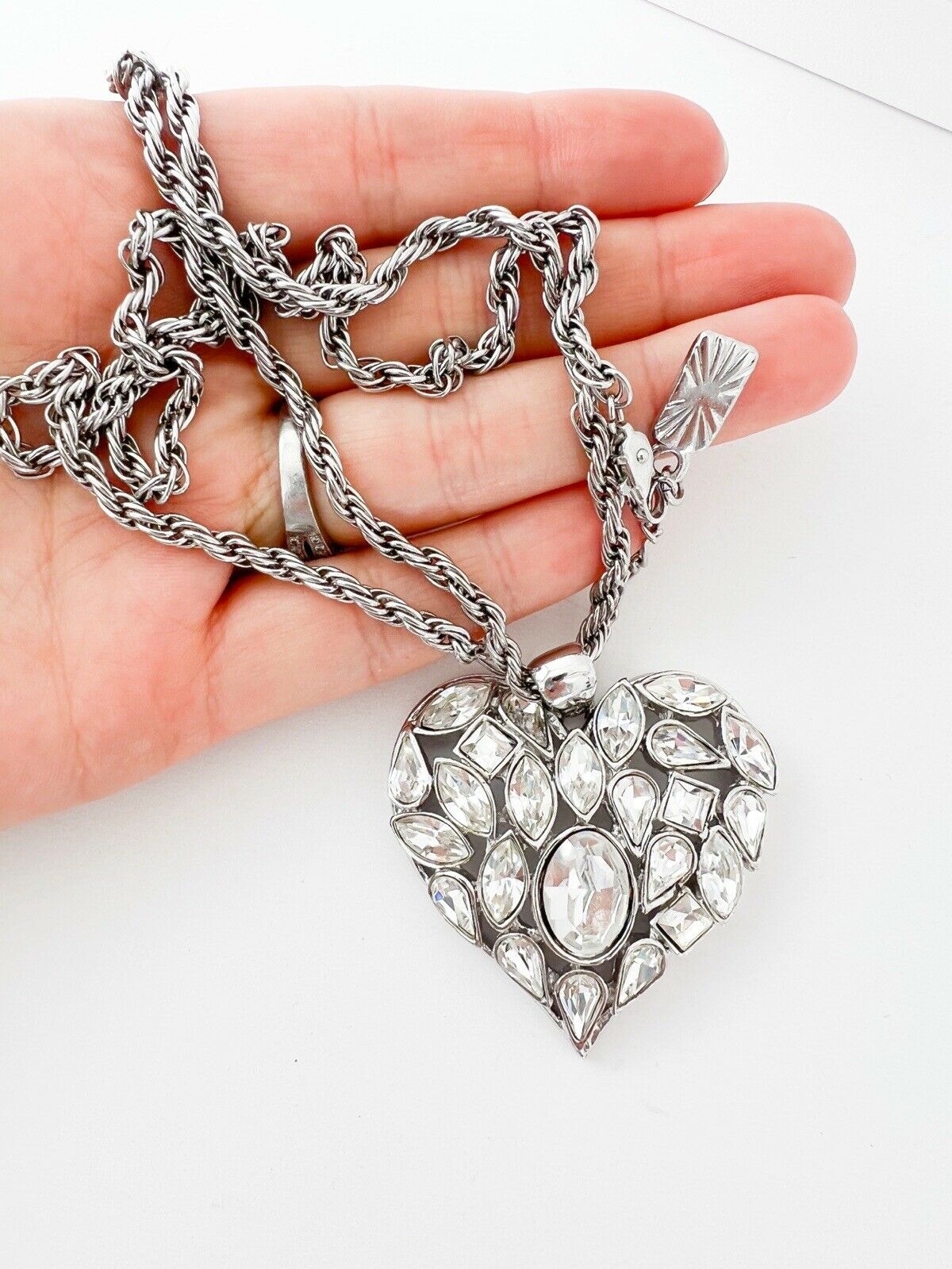 YSL Yves Saint Laurent Vintage Necklace Pendant Silver Heart Rhinestone